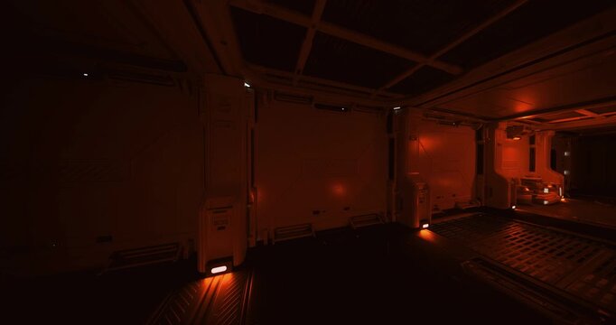 dim red lit engine room alcove interior, power core diagnostics echo in empty service bay, reactor conduits and coolant pumps glow under warning status, panels