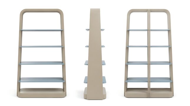 Three views of a modern retail display shelf unit.