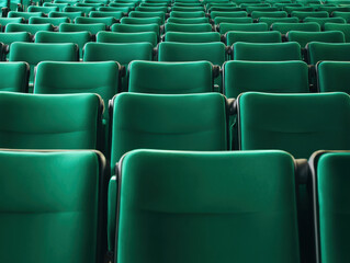 Fototapeta premium Rows of empty green cinema seats receding into the distance. Theatre auditorium, film screening, live performance and audience seating in entertainment venue