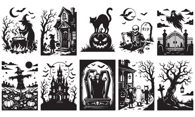 Fototapeta premium Set of ten distinct halloween featuring black silhouettes of witches, vampires, haunted mansions, skeletons, and carved pumpkins on a clean white background, for holiday decor