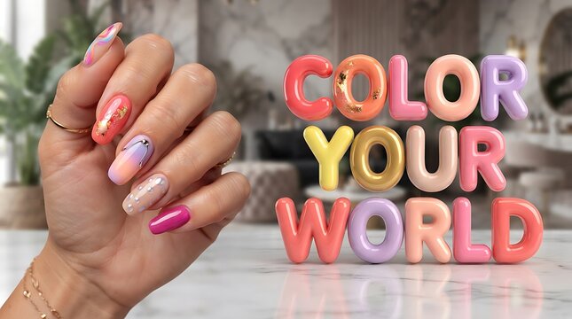 Woman hand with colorful manicure and text color your world