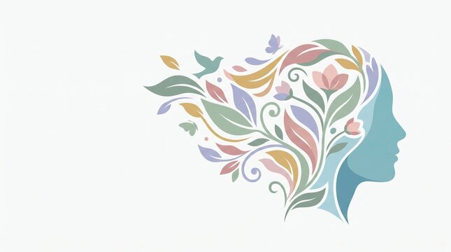 Profile silhouette of a woman head filled with colorful flowers leaves and plants graphic illustration floral hair profile portrait flower head botanical art mental health vector illustrat