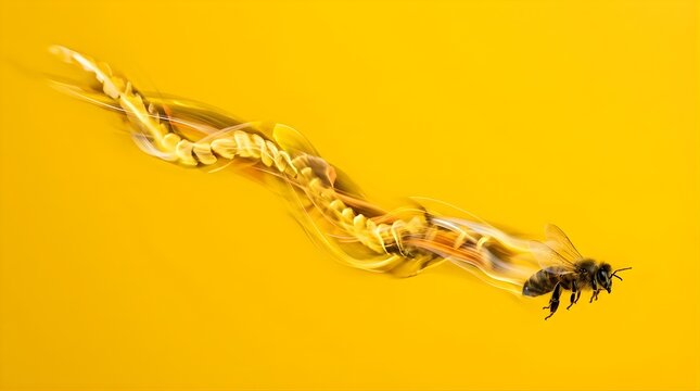 Flying honey bee leaving a glowing light trail against a yellow background