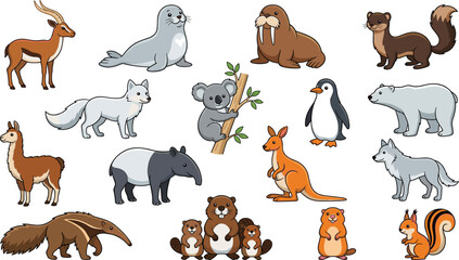 Naklejka premium Cute cartoon wild animals vector illustration set featuring koala, kangaroo, polar bear, penguin, and seal for children book education designs.