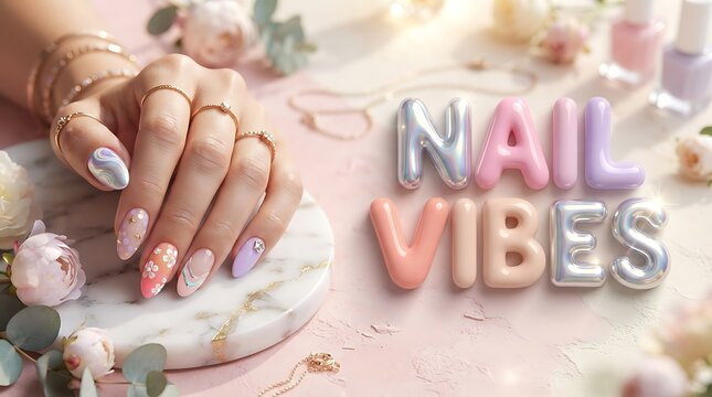 Woman hand with beautiful pink nails and nail vibes text