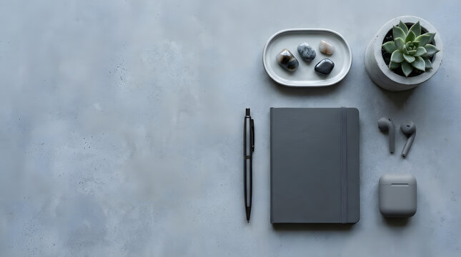 Modern workspace flat lay with notebook and tech accessories.