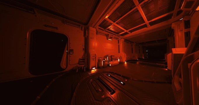 industrial airlock entrance with red glow and open threshold, stacked supplies and service crates flank corridor, textured flooring and recessed lights