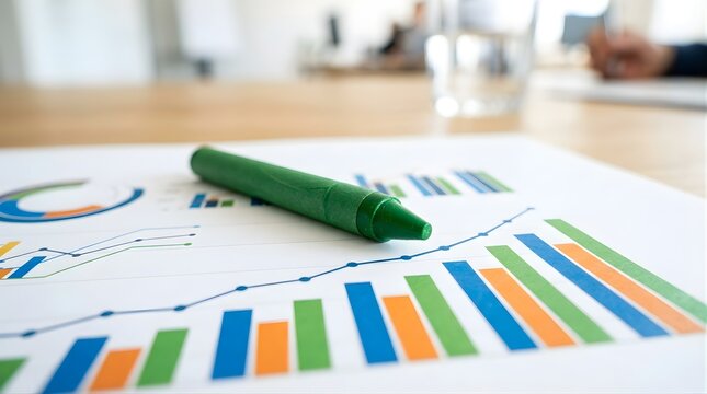 Green wax crayon on financial chart report at modern office desk