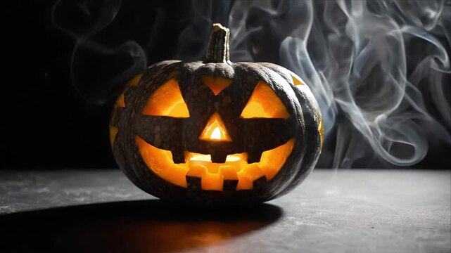 Halloween Pumpkin with Glowing Carved Jack O Lantern Face, Swirling Smoke and Dark Background, Eerie Seasonal Atmosphere for Spooky Autumn Celebration and Festive Decor Constantly Framed