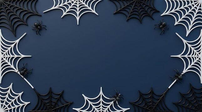 Dark blue background with white spider web frame for a spooky festive helloween template design