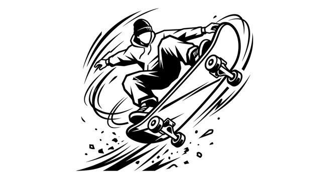 Dynamic skateboarder performing a bold trick in action.