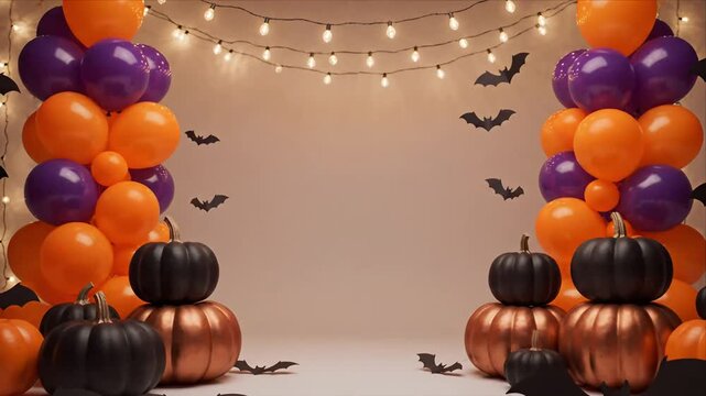 Halloween pumpkin balloon arch decor with glowing string light, bat silhouette, festive autumn party backdrop, orange purple balloon display, warm seasonal celebration setting and colorful event