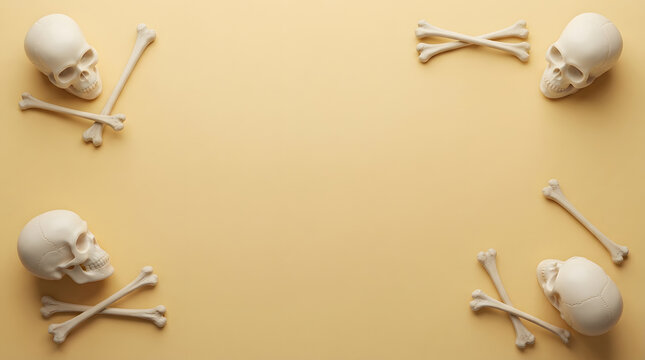 Halloween skull and bone border frame on beige background for spooky holiday design