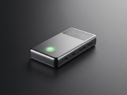 Sleek metallic external solid state drive with a glowing green status indicator light on dark surface metallic external indicator technology