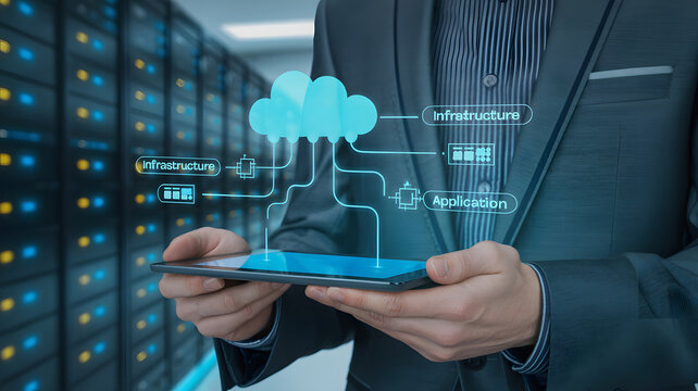 Professional businessman interacting with a holographic cloud computing interface on a smartphone, symbolizing digital transformation and modern data management in a secure server room environment