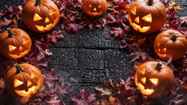 Halloween pumpkin arrangement with glowing carved face lanterns, autumn leaf circle surrounding cracked stone and eerie smoke, creating mysterious orange seasonal celebration background for spooky