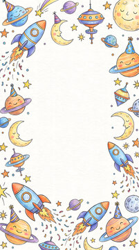 Planets and rocket ships with smiling faces form a whimsical border around an empty central space.