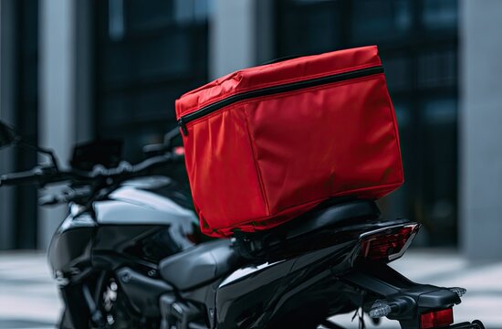 Red insulated delivery bag on back of motorcycle, urban background