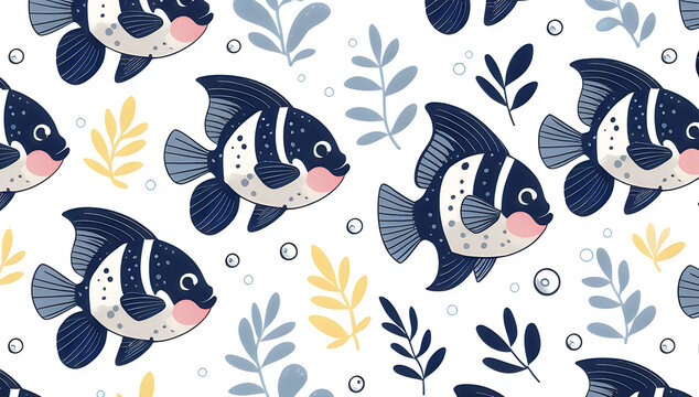Cute cartoon fish seamless pattern with underwater plants illustration