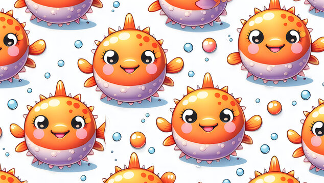 Cute cartoon puffer fish pattern with bubbles illustration