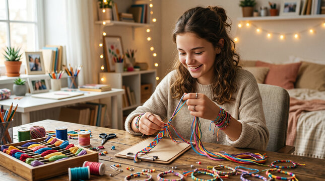 Young girl crafting colorful bracelets at a cozy table in her home  