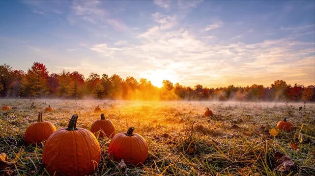 Halloween Pumpkin Glowing at Golden Sunrise Across Misty Autumn Harvest Field with Vivid Orange Foliage, Peaceful Meadow Grass, Rustic Landscape Atmosphere, and Seasonal Countryside Charm