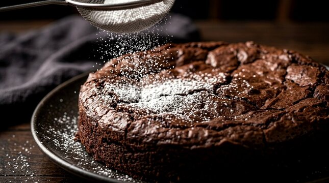 Macro of Powdered Sugar Falling on Fresh Chocolate Brownie