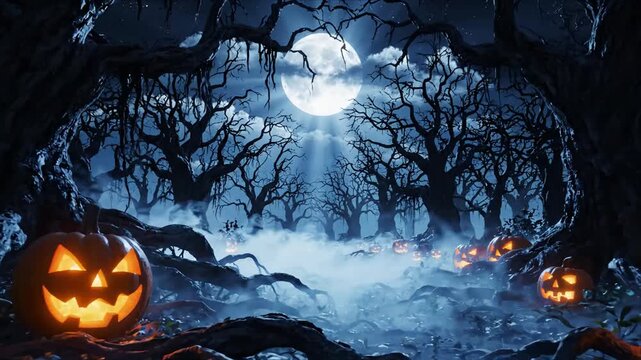 Halloween Pumpkin Lantern Glowing Along Misty Forest Path Beneath Full Moon, Twisted Trees Creating Haunted Night Scene with Eerie Blue Atmosphere and Mysterious Shadows