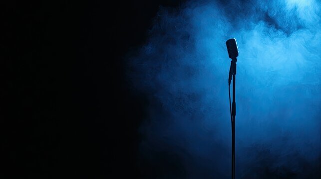 Vintage microphone silhouetted in blue stage fog