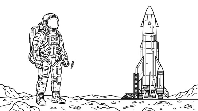Astronaut standing near a rocket on a rocky planetary surface.