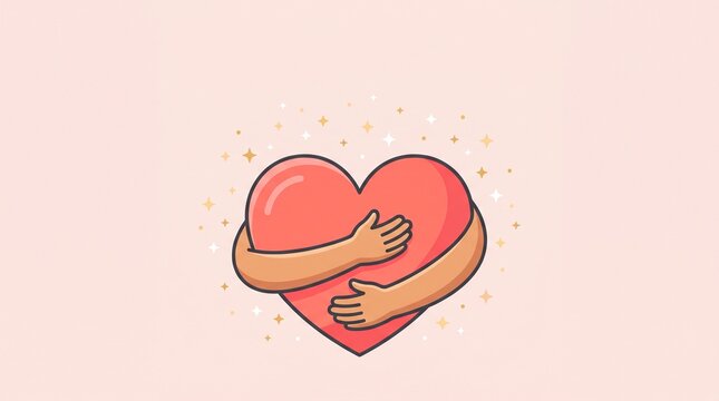 Self-love concept with arms hugging a red heart, mental health and self-care illustration, pink background with sparkles