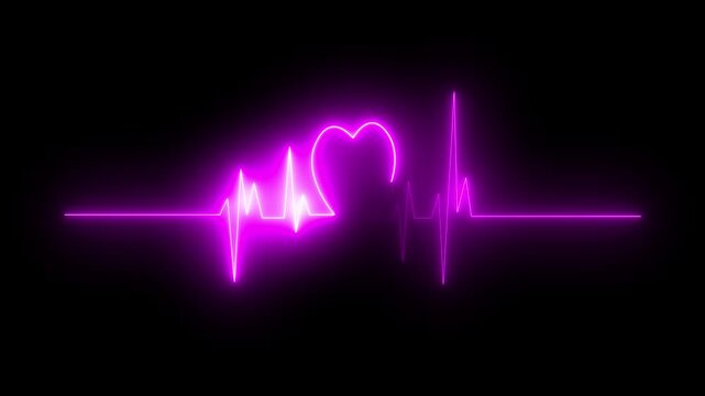 ECG monitor beating heart with a neon electrocardiogram overlay Glowing Neon heartbeat line animation on black background.
