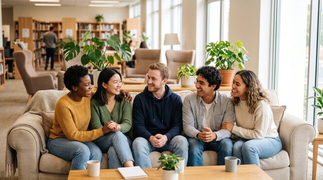 Diverse group of happy young friends sitting together on a comfortable sofa in a modern library lounge with friends chatting group portrait student life casual clothing coffee mugs laughing