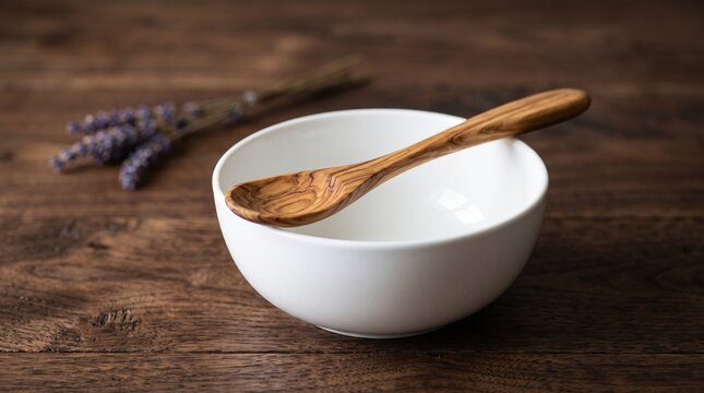 Rustic wooden spoon on white ceramic bowl, minimalist kitchenware on dark wood table, elegant breakfast setting with lavender