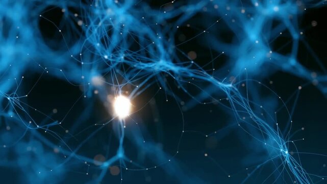 Abstract 3D visualization of glowing neural networks and brain interface