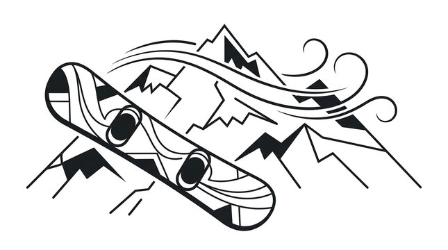 Snowboard design with mountain peaks and wind illustration.