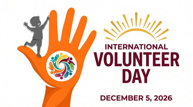 International Volunteer Day banner, orange hand with child silhouette and sun icon, December 5 2026 charity event poster