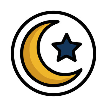 Crescent moon and star symbol for Islam on a white background