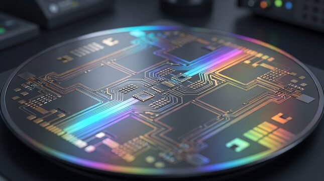 Advanced semiconductor silicon wafer microchip processor with colorful holographic light reflections microchip semiconductor processor hardware
