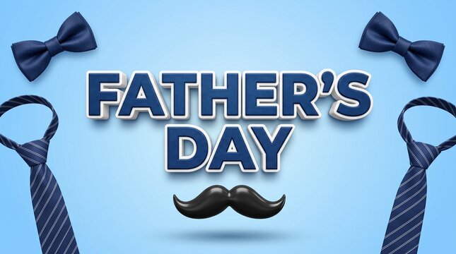 Father's Day greeting card with blue neckties and bow ties. Elegant Father's Day banner with mustache icon. Blue holiday background.