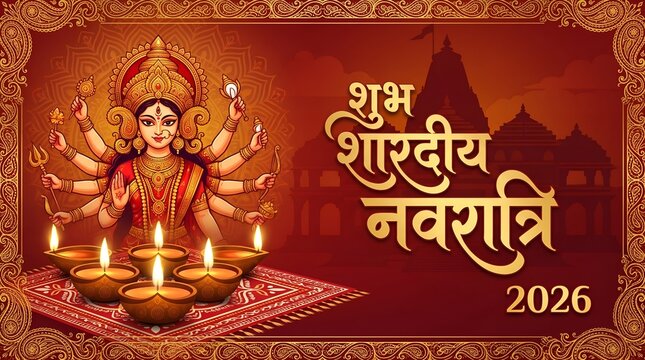 Shubh sharadiya navratri greeting background with goddess durga illustration golden temple outline and brass diya lamps 2026.