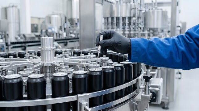 Worker operating rotary bottling machine with dark bottles on production line