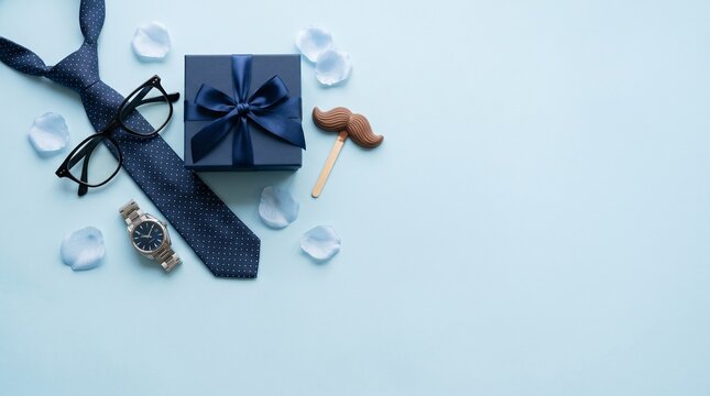Father's Day gift flat lay with blue necktie and gift box. Elegant men's accessories, watch and glasses on light blue background.