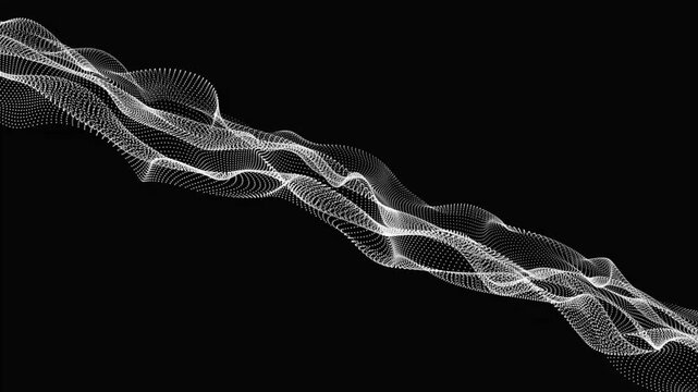 Abstract white glowing digital wave particle ribbon floating diagonally across a dark background a sleek 3D composed of countless small