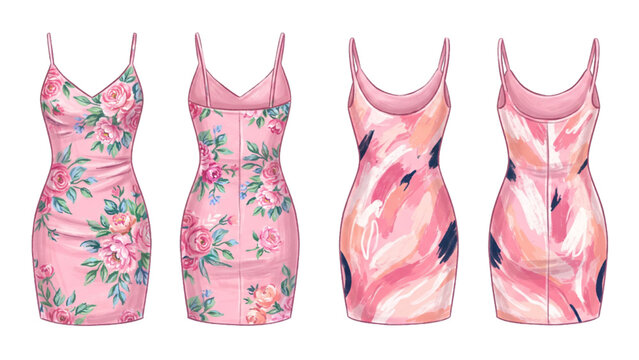 Women Spaghetti Strap Bodycon Mini Dress Collection with Different Patterns, Front and Back Views, Fashion Vector Set Isolated on Transparent Background