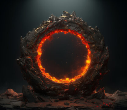Glowing fiery magical stone portal circular gateway crafted from rugged dark volcanic rocks on transparent background