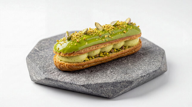 An eclair dessert with pistachios on a white background