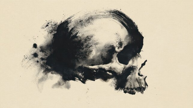 Abstract skull illustration monochrome ink artwork on neutral background