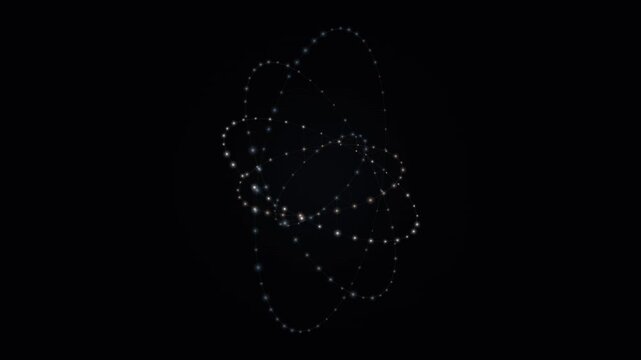 Atom structure animation with glowing particles and orbital rings spinning in dark space, scientific model of microscopic matter and energy connection isolated on a solid black background