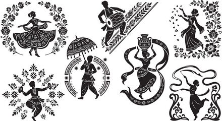Naklejka premium Indian Folk Dance, traditional dancers with pot, drum, umbrella. Indian ethnic dance, silhouette culture, Indian dance vector